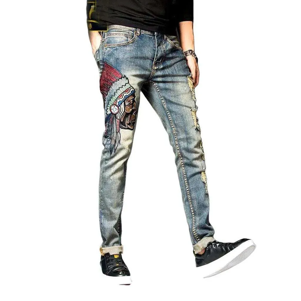 Indian head embroidery men's jeans