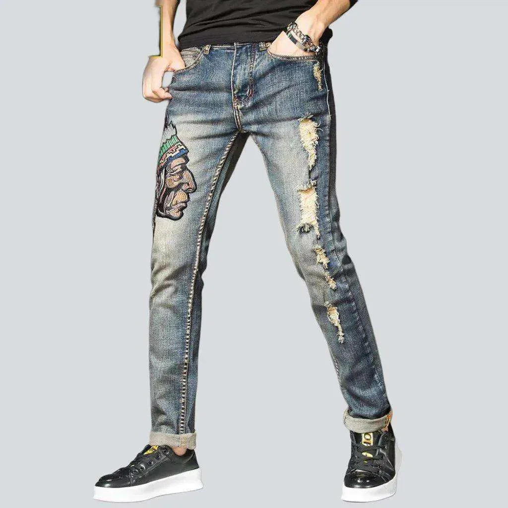 Indian head embroidery men's jeans