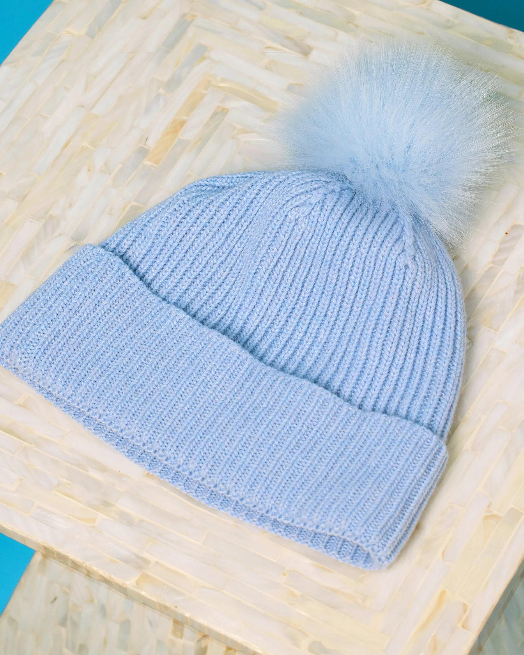 Italian Crafted-Ella Hat in Powder Blue and Fox Fur-Made in Italy