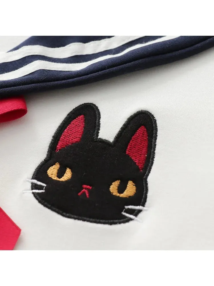 Japan Style Cute Women Sweatshirts Cartoon Cat Embroidery Hoodies Long Sleeve Sailor Collar Sweet Girl Pullovers Tracksuits