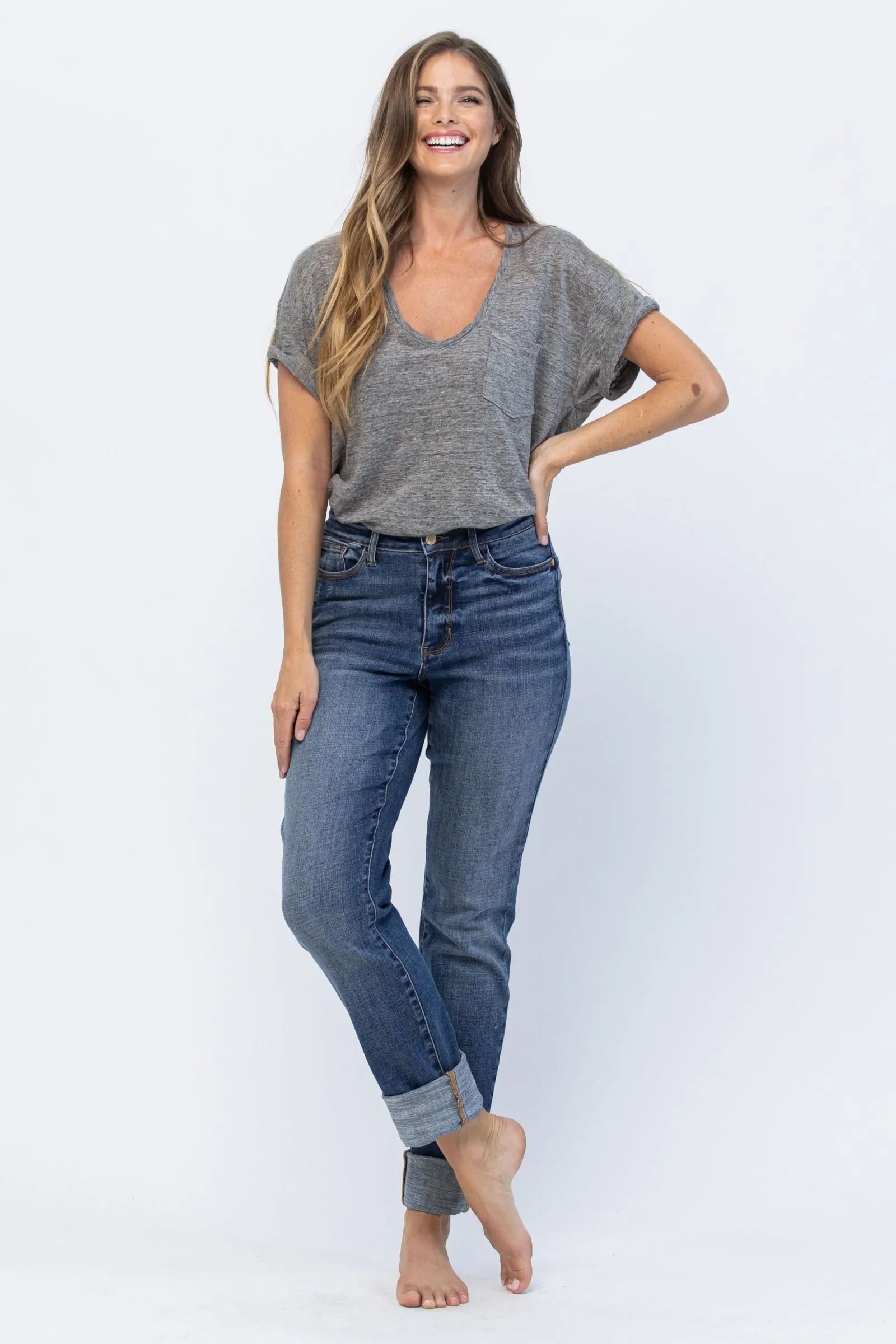 Judy Blue Jeans - Judy Blue high waist double cuff fray hem boyfriend jeans