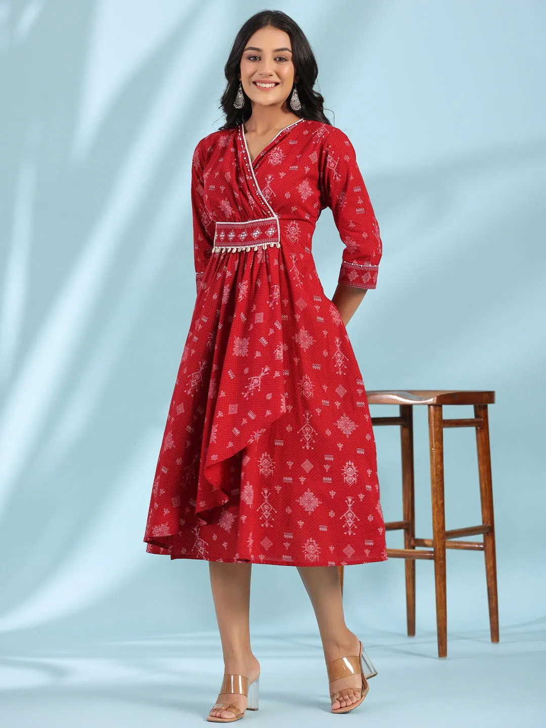 Juniper  Red Geometric Printed Pure Cotton Midi Dress With Lace Work