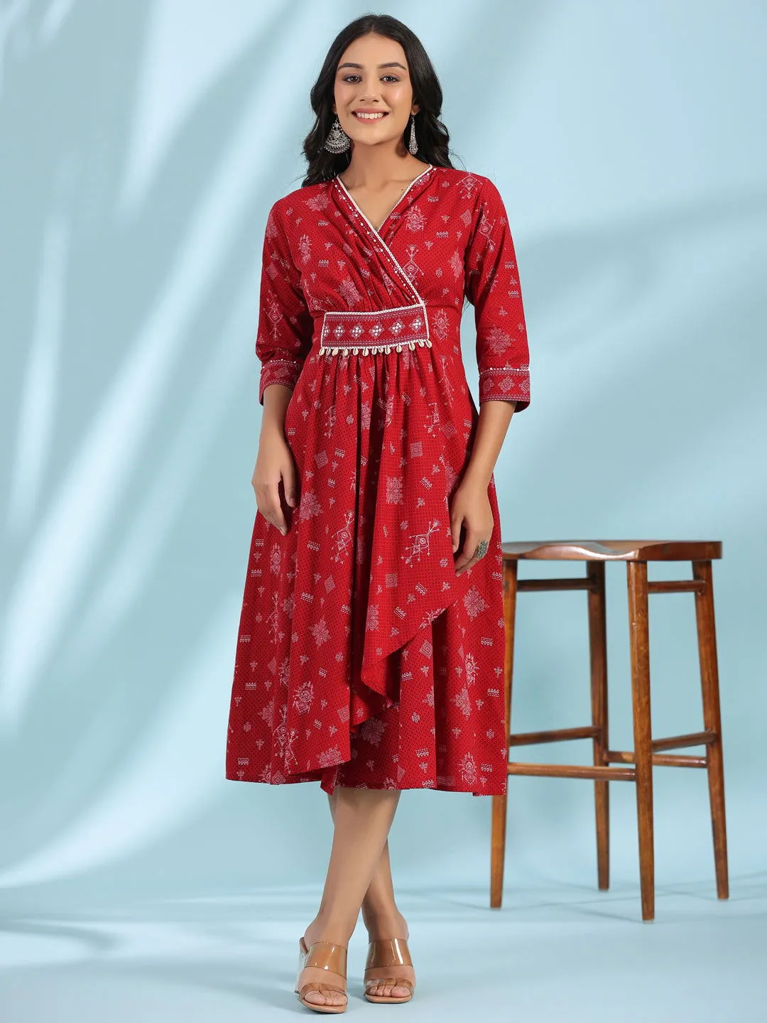 Juniper  Red Geometric Printed Pure Cotton Midi Dress With Lace Work