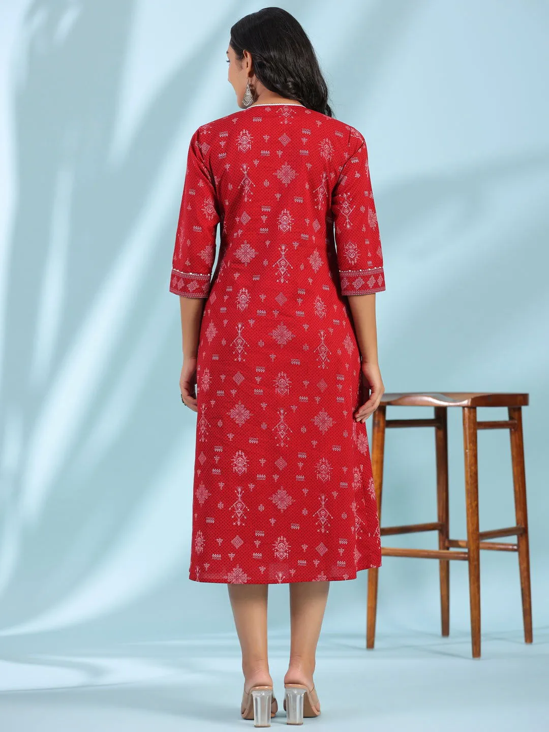 Juniper  Red Geometric Printed Pure Cotton Midi Dress With Lace Work