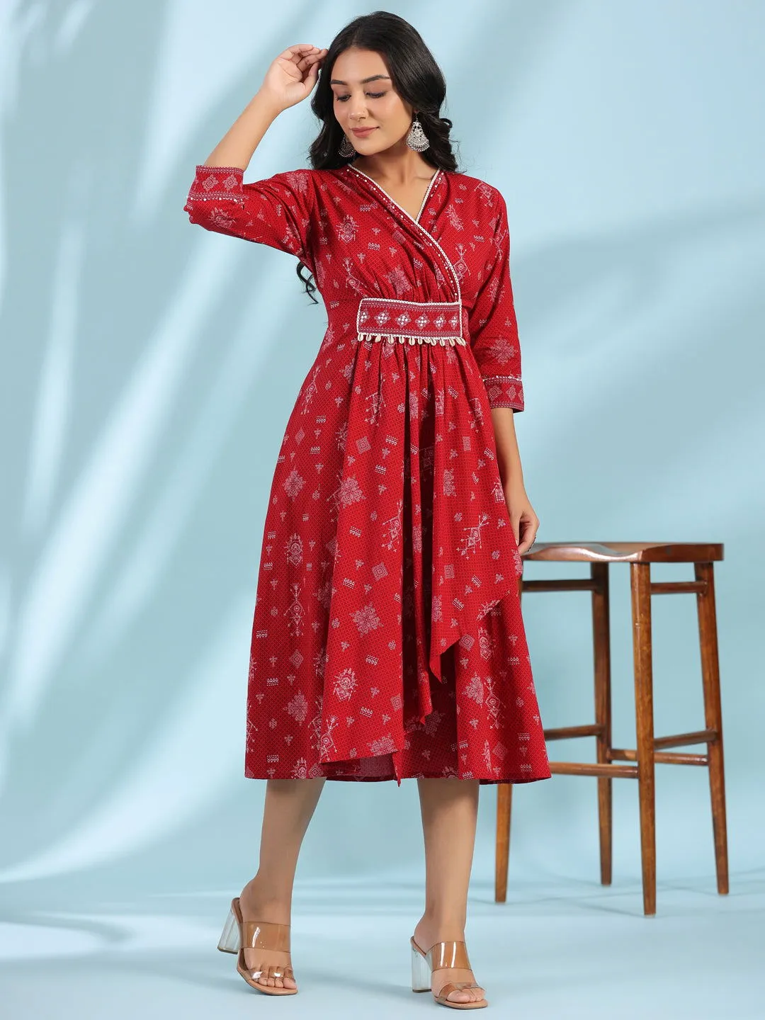 Juniper  Red Geometric Printed Pure Cotton Midi Dress With Lace Work