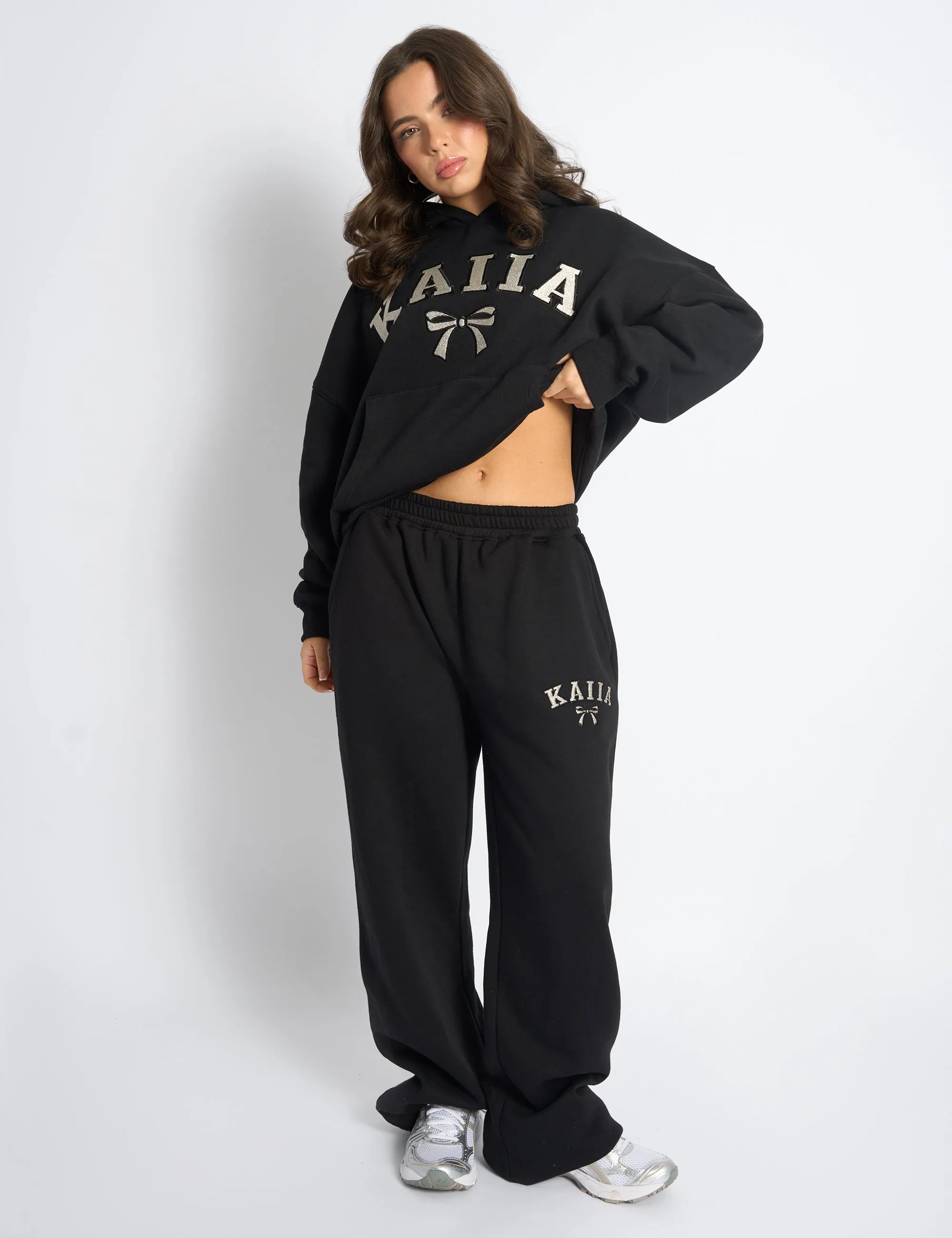 Kaiia Bow Embroidered Ribbed Waistband Wide Leg Joggers Black & Silver