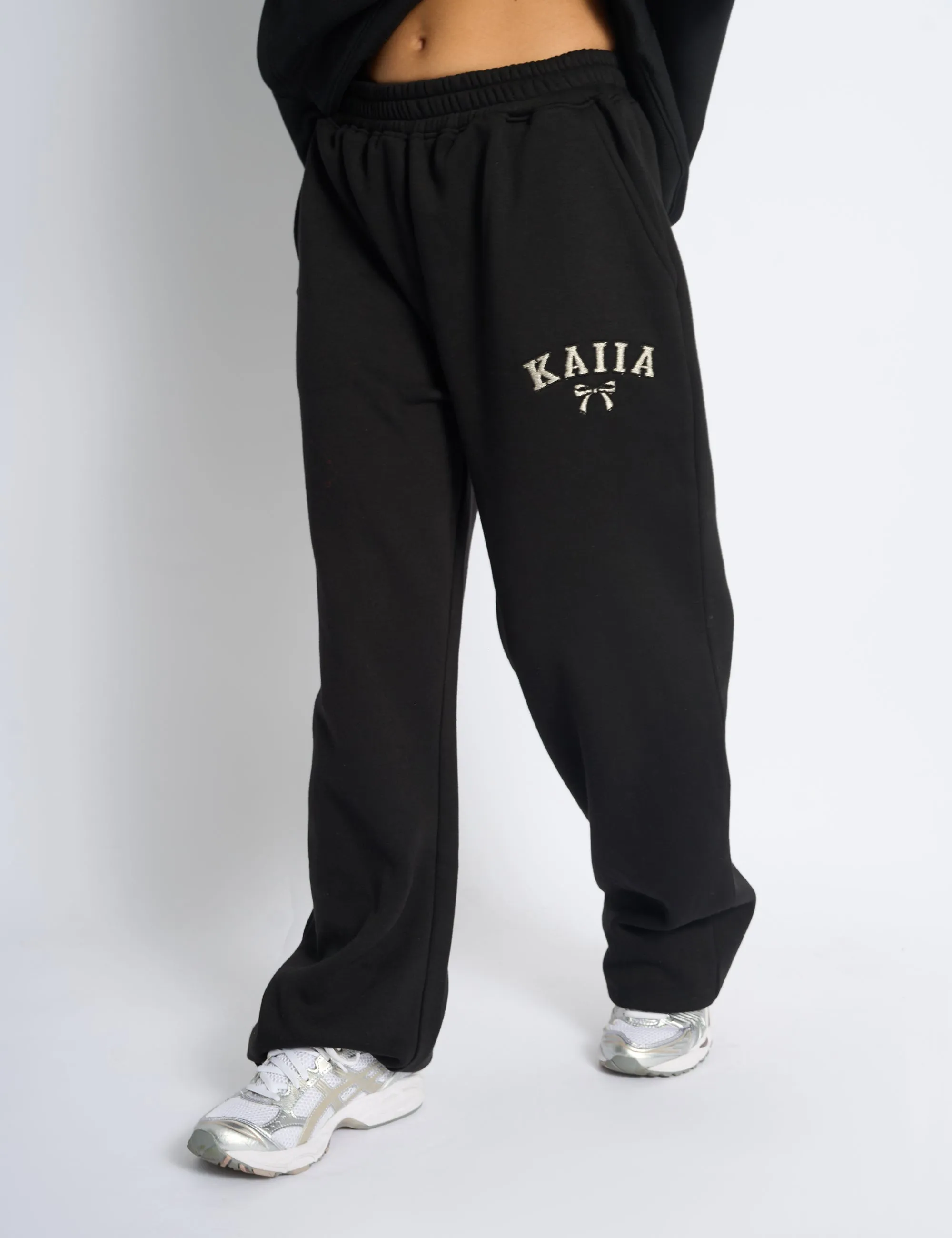 Kaiia Bow Embroidered Ribbed Waistband Wide Leg Joggers Black & Silver