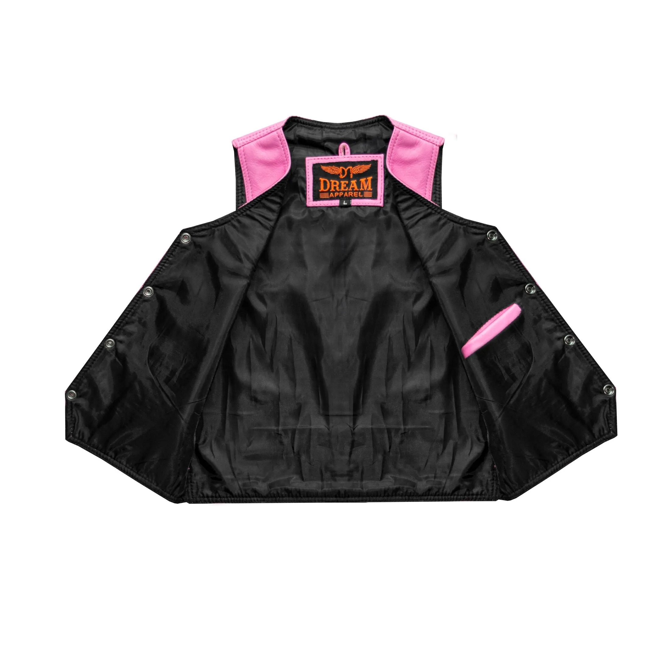 Kids Pink Leather Motorcycle Vest With Button Snap Closure