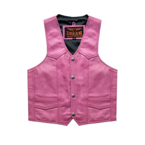 Kids Pink Leather Motorcycle Vest With Button Snap Closure