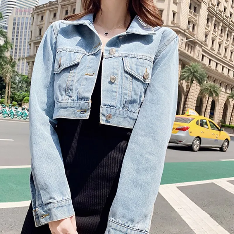 Korean Style Loose Casual Women Denim Jackets Female Slim Cropped Coat 2021 New Spring Fashion Turn Down Collar Ladies Coat