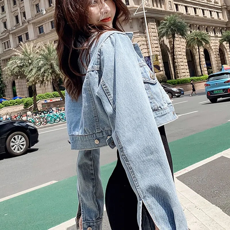 Korean Style Loose Casual Women Denim Jackets Female Slim Cropped Coat 2021 New Spring Fashion Turn Down Collar Ladies Coat