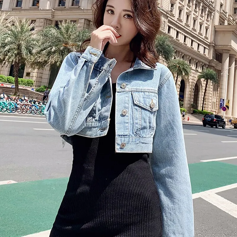 Korean Style Loose Casual Women Denim Jackets Female Slim Cropped Coat 2021 New Spring Fashion Turn Down Collar Ladies Coat