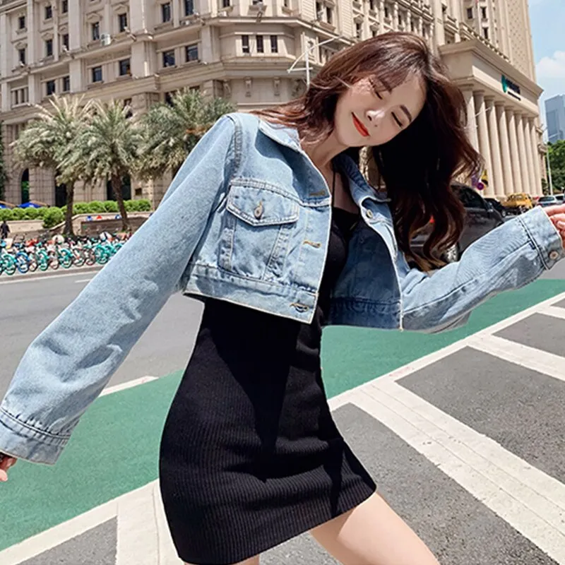 Korean Style Loose Casual Women Denim Jackets Female Slim Cropped Coat 2021 New Spring Fashion Turn Down Collar Ladies Coat