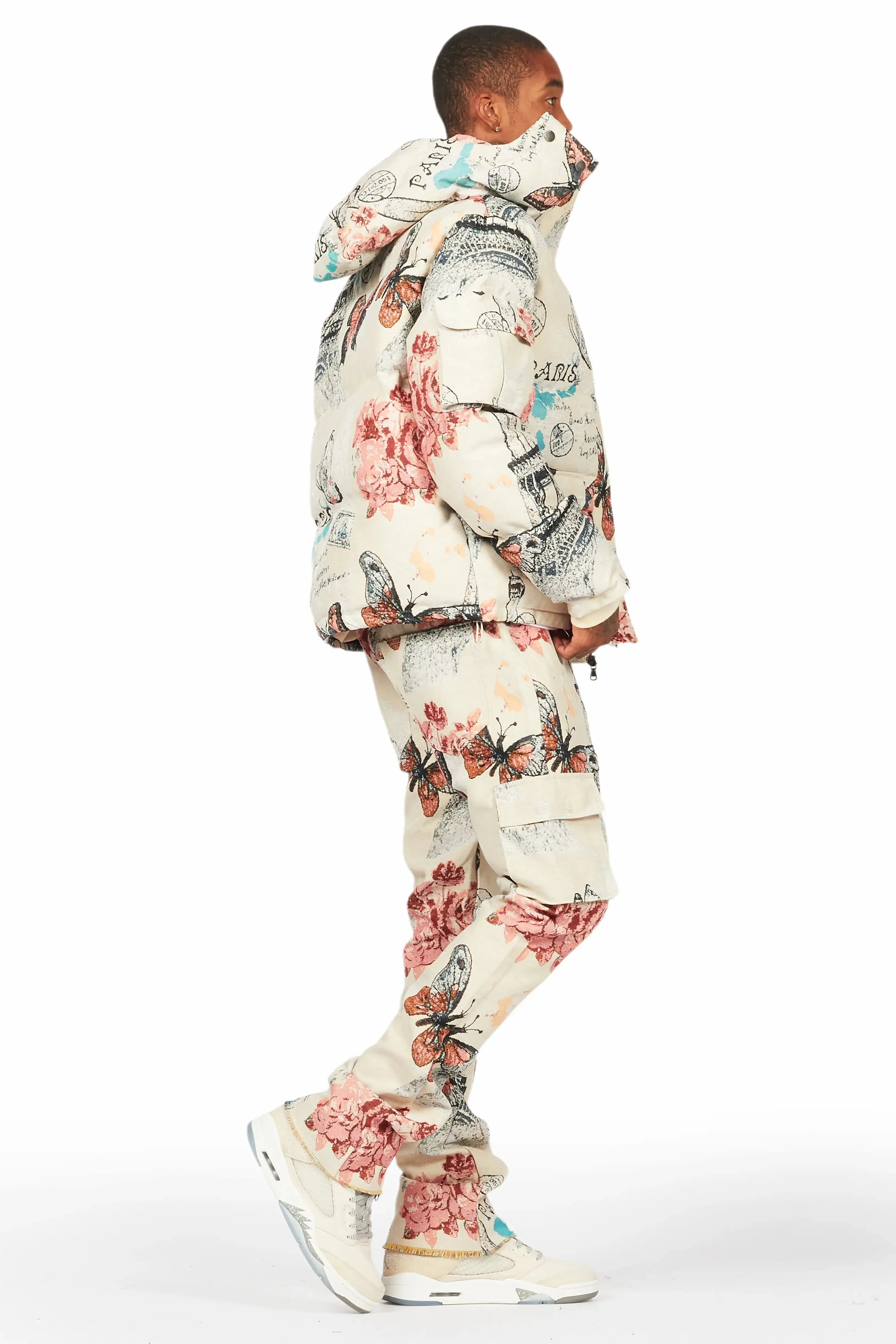 Lamont Beige Multi Tapestry Stacked Flare Jean