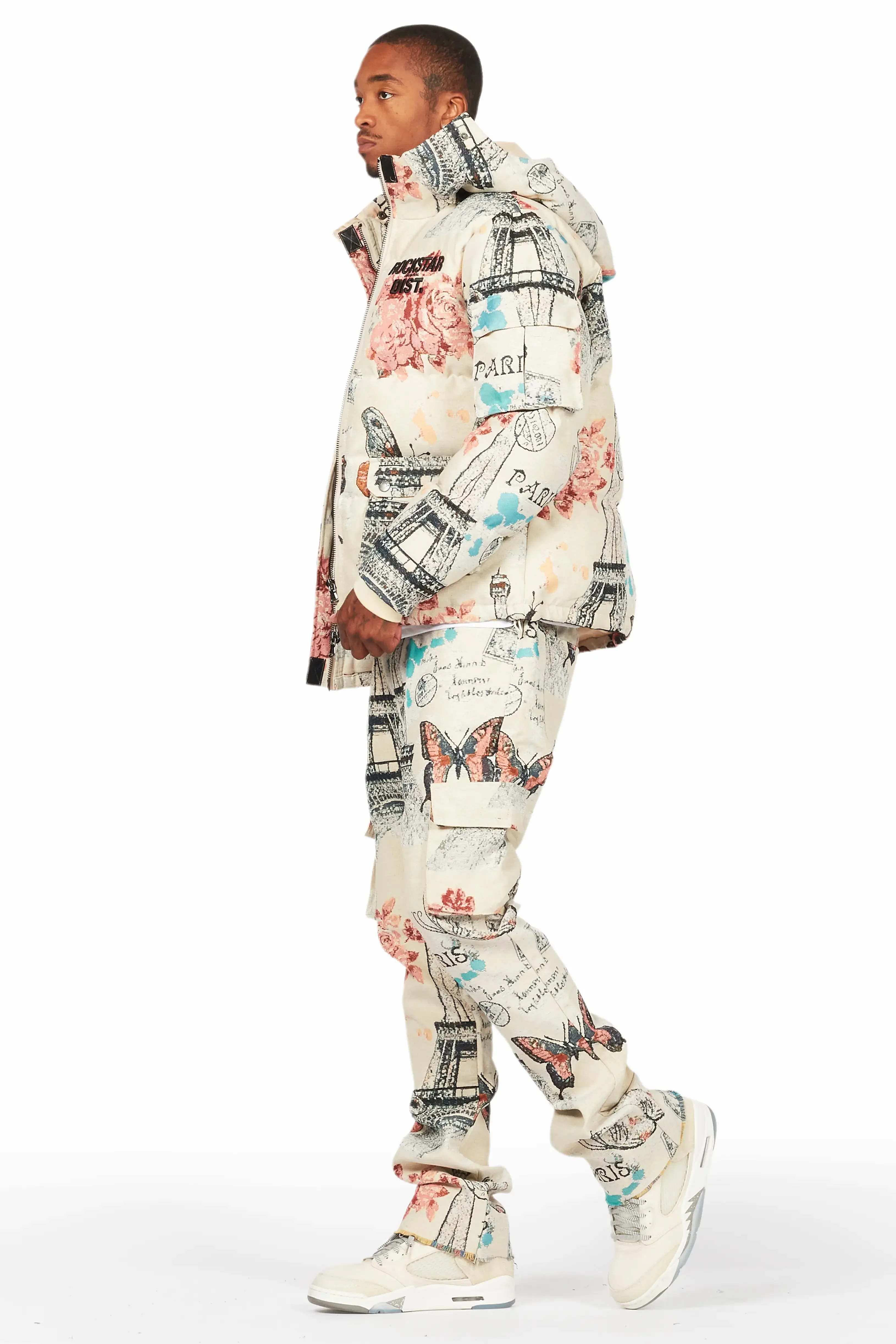 Lamont Beige Multi Tapestry Stacked Flare Jean