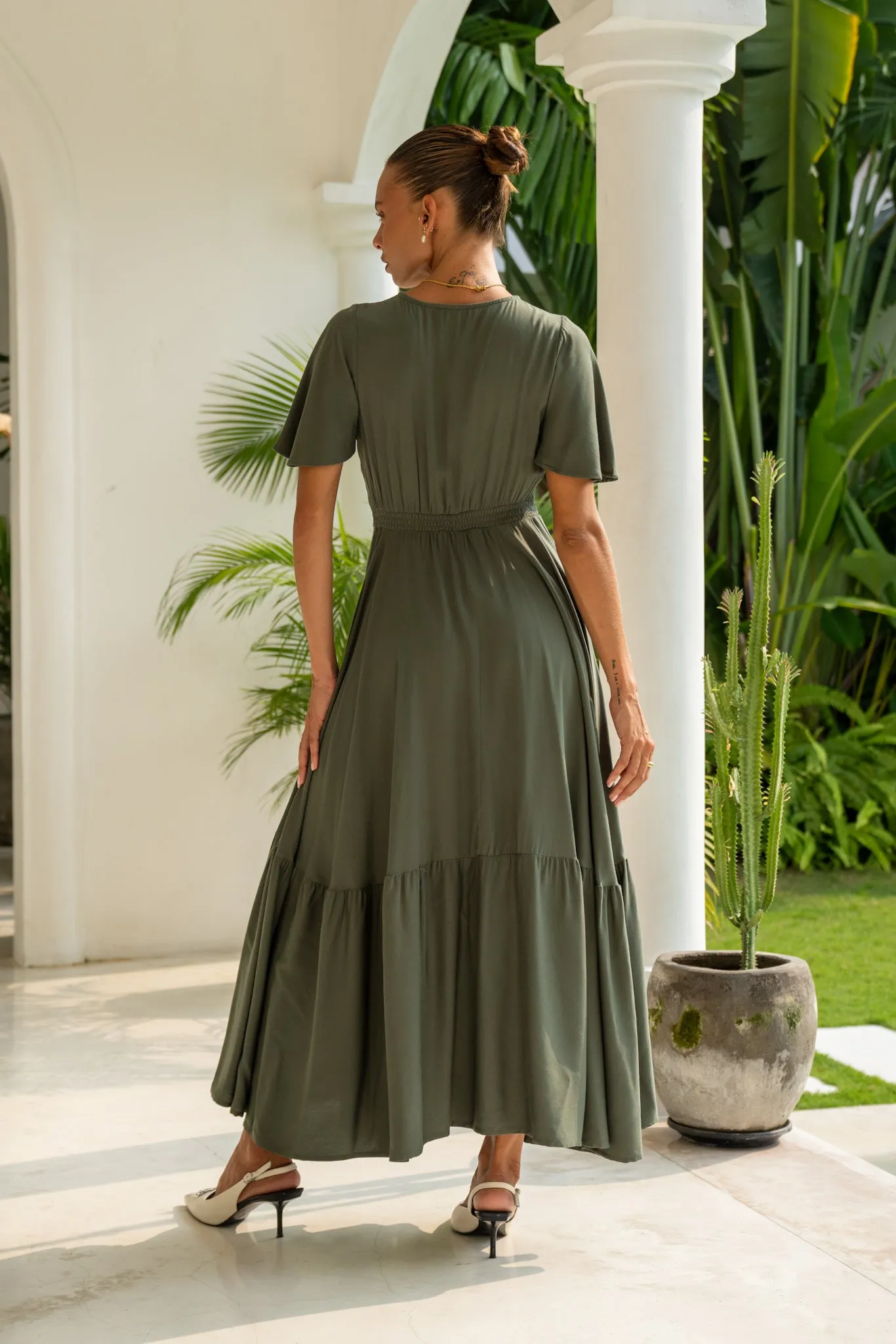 Lea Khaki Green V-Neck Midi Dress