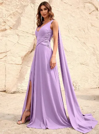 Lilac Draped Arm Satin Thigh Split Bridesmaid Maxi Dress