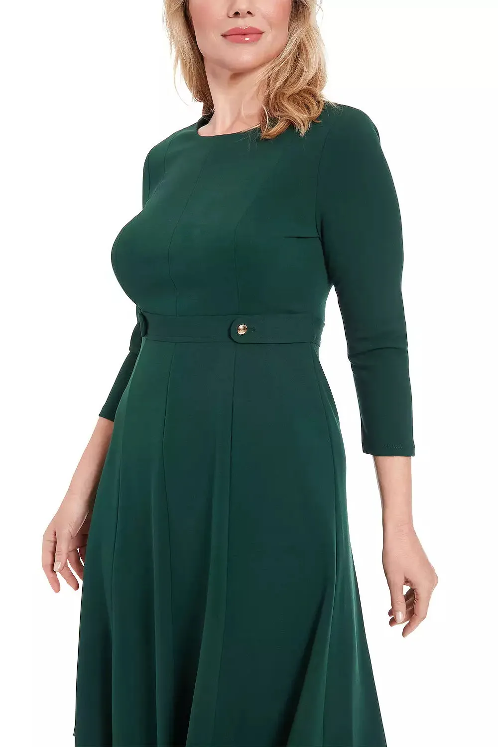 London Times 3/4 Sleeve Seamed Side Tab Fit & Flare Midi Dress