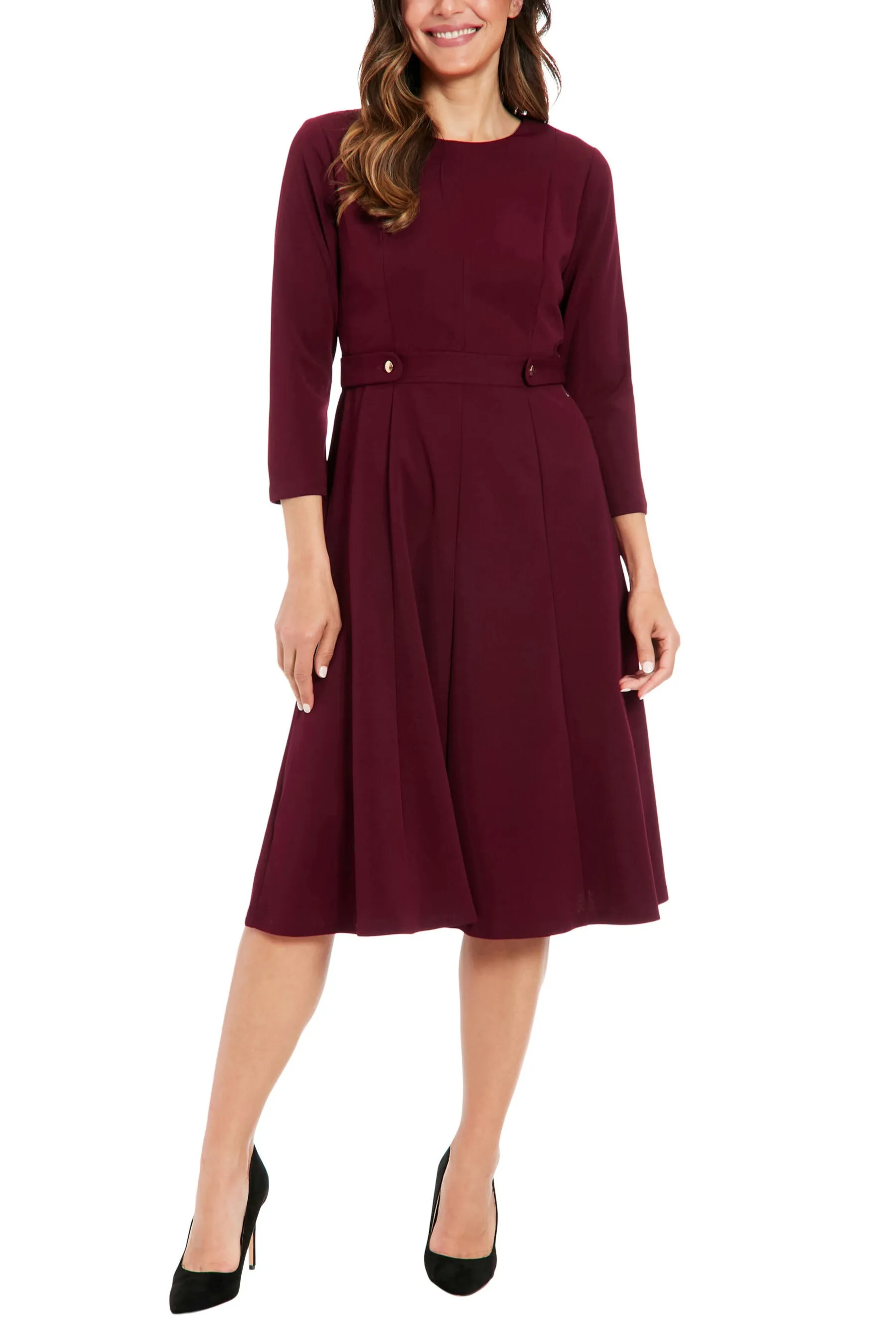 London Times 3/4 Sleeve Seamed Side Tab Fit & Flare Midi Dress