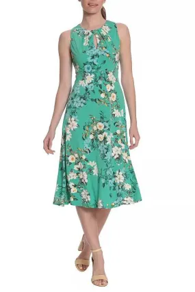 London Times Floral Print Sleeveless Pleated Keyhole Neck Midi Dress