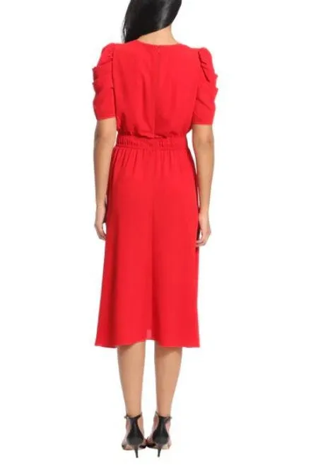 London Times Shirred Jewel Neck Puff Sleeve Midi Dress