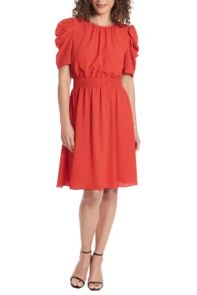 London Times Shirred Jewel Neck Puff Sleeve Midi Dress