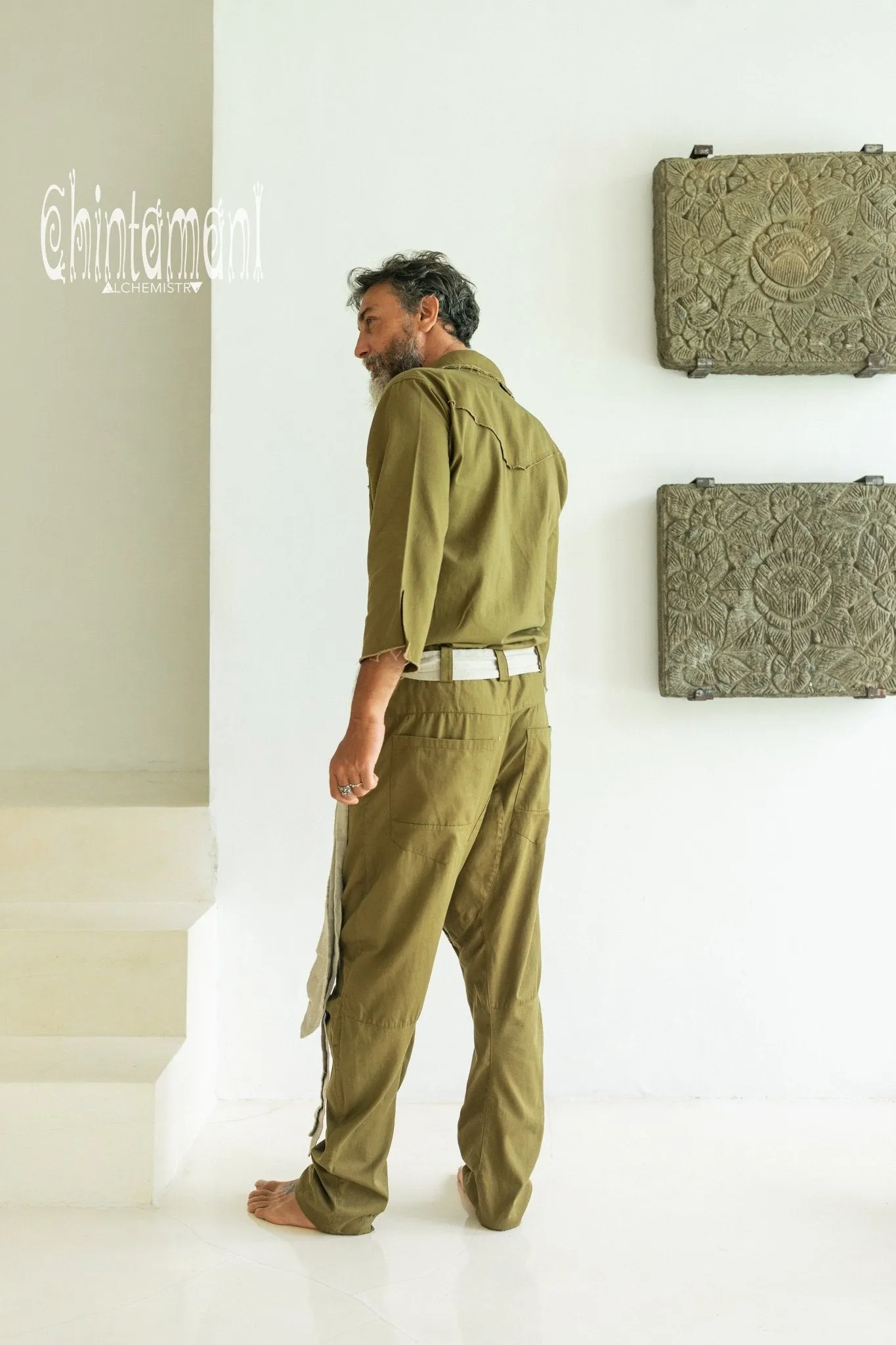 Long Overalls for Men / Coverall Jumpsuit with Belt / Dark Green