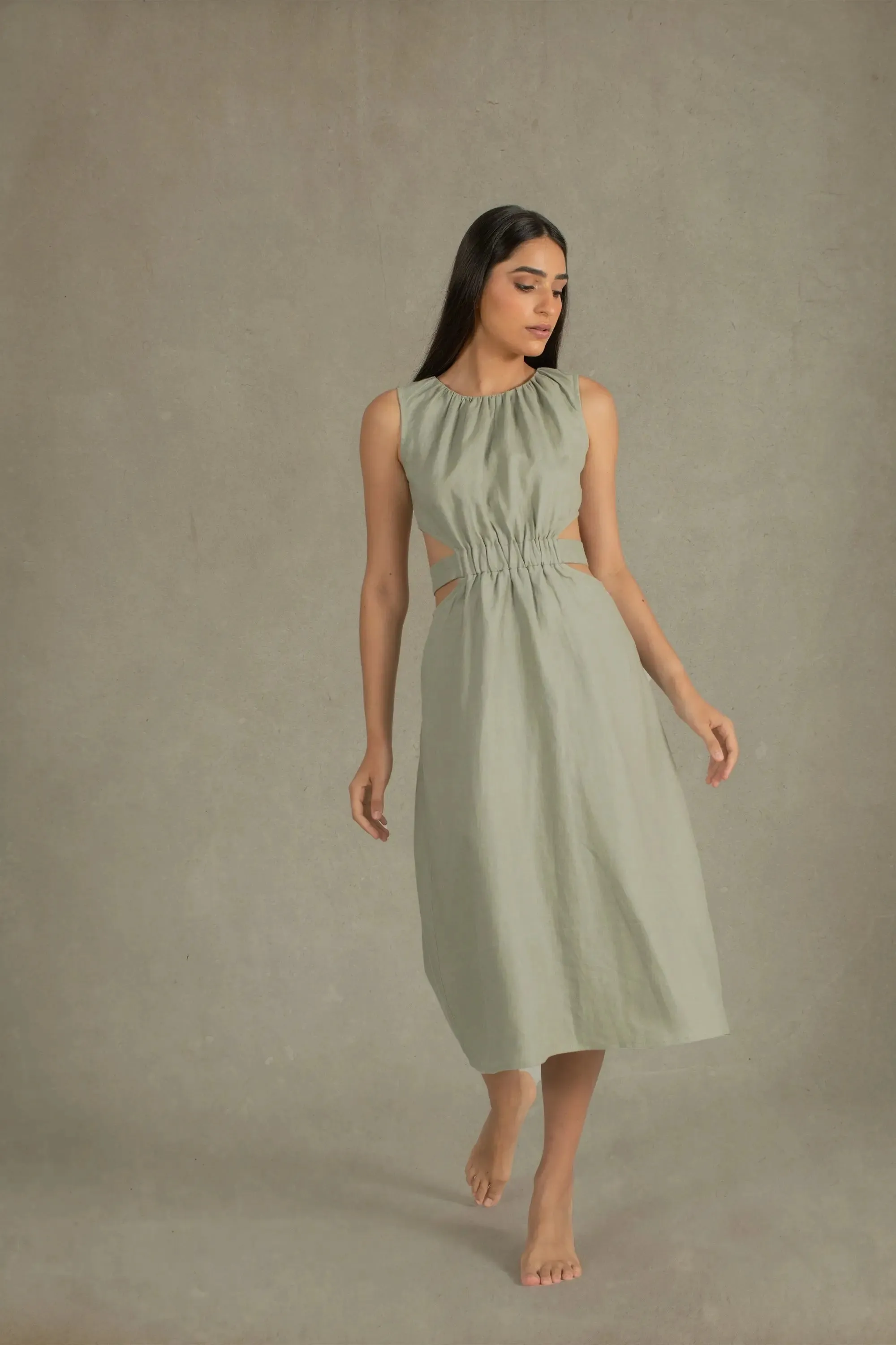 Luciole Linen Midi Dress Sage Green