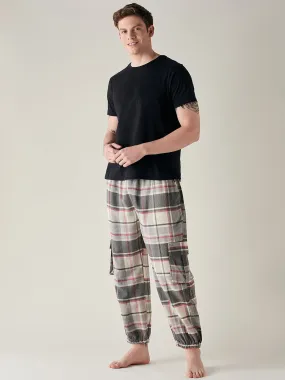 Mens Grey Brushed Cotton Plaid Joggers