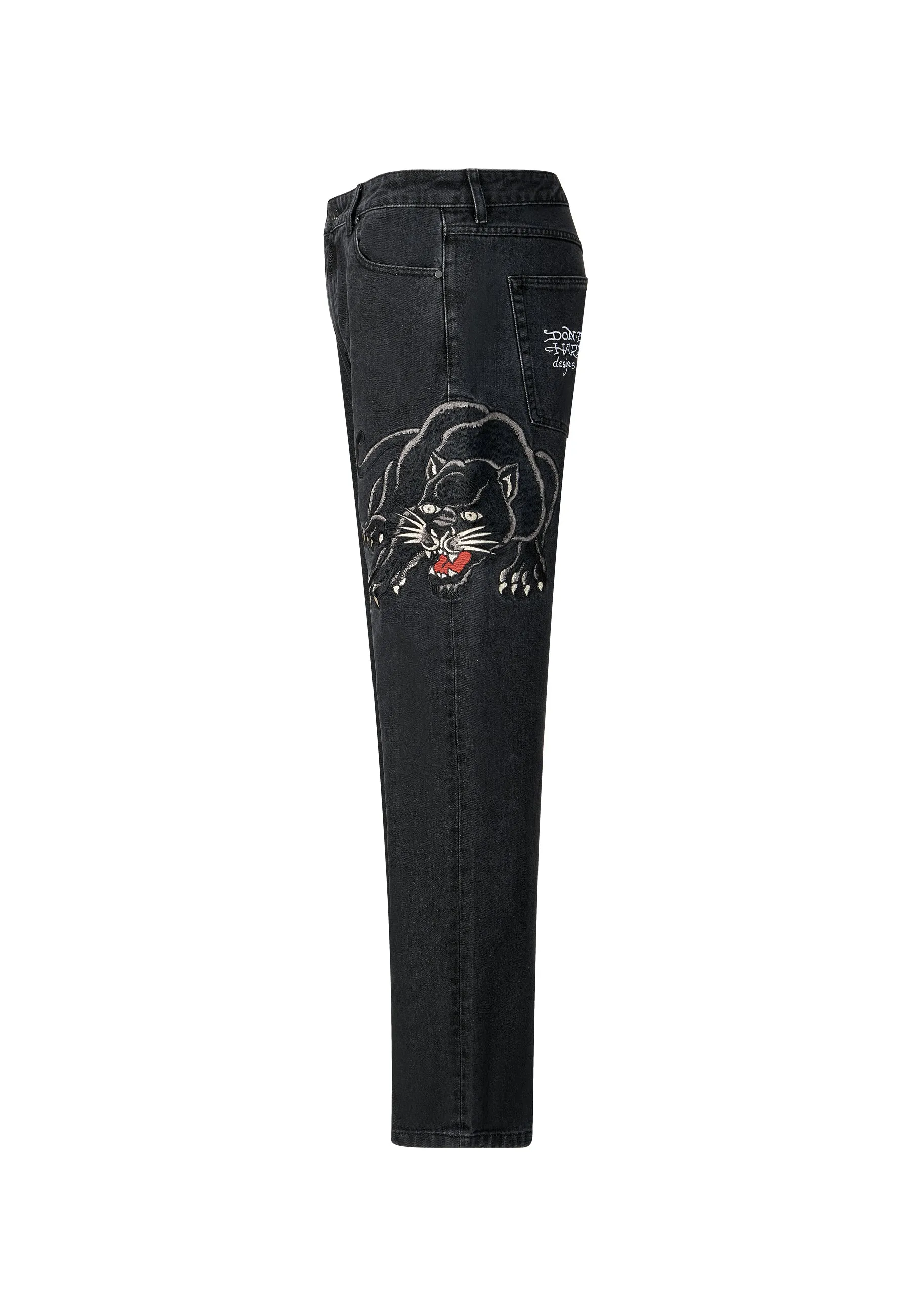 Mens Panther-Crouch-Leap Tattoo Graphic Relaxed Denim Trousers Jeans - Black