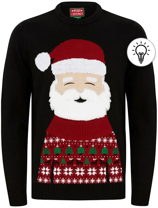 Men's Santas Outfit Motif LED Light Up Novelty Christmas Jumper in Black - Merry Christmas