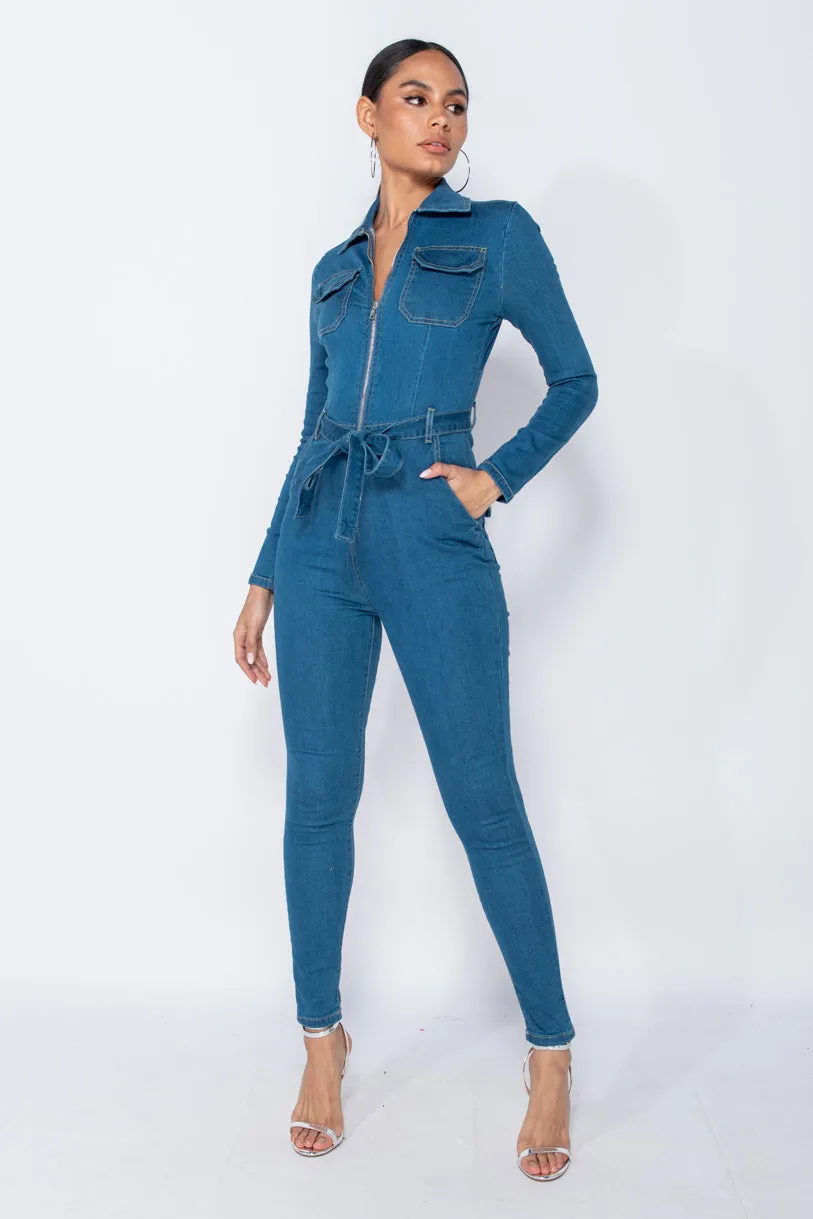 Mid Blue Denim Zip Front Tie Waist Long Sleeve Jumpsuit