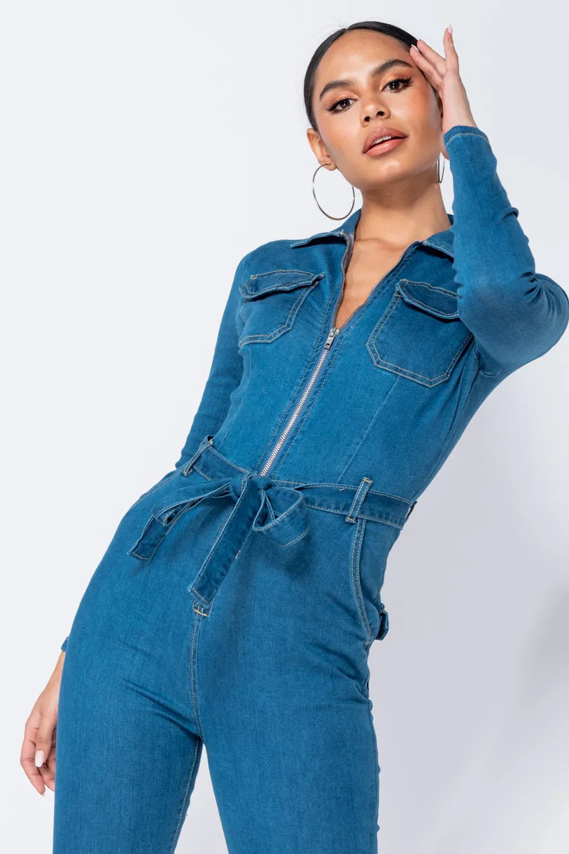 Mid Blue Denim Zip Front Tie Waist Long Sleeve Jumpsuit