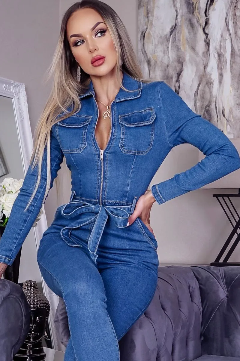 Mid Blue Denim Zip Front Tie Waist Long Sleeve Jumpsuit