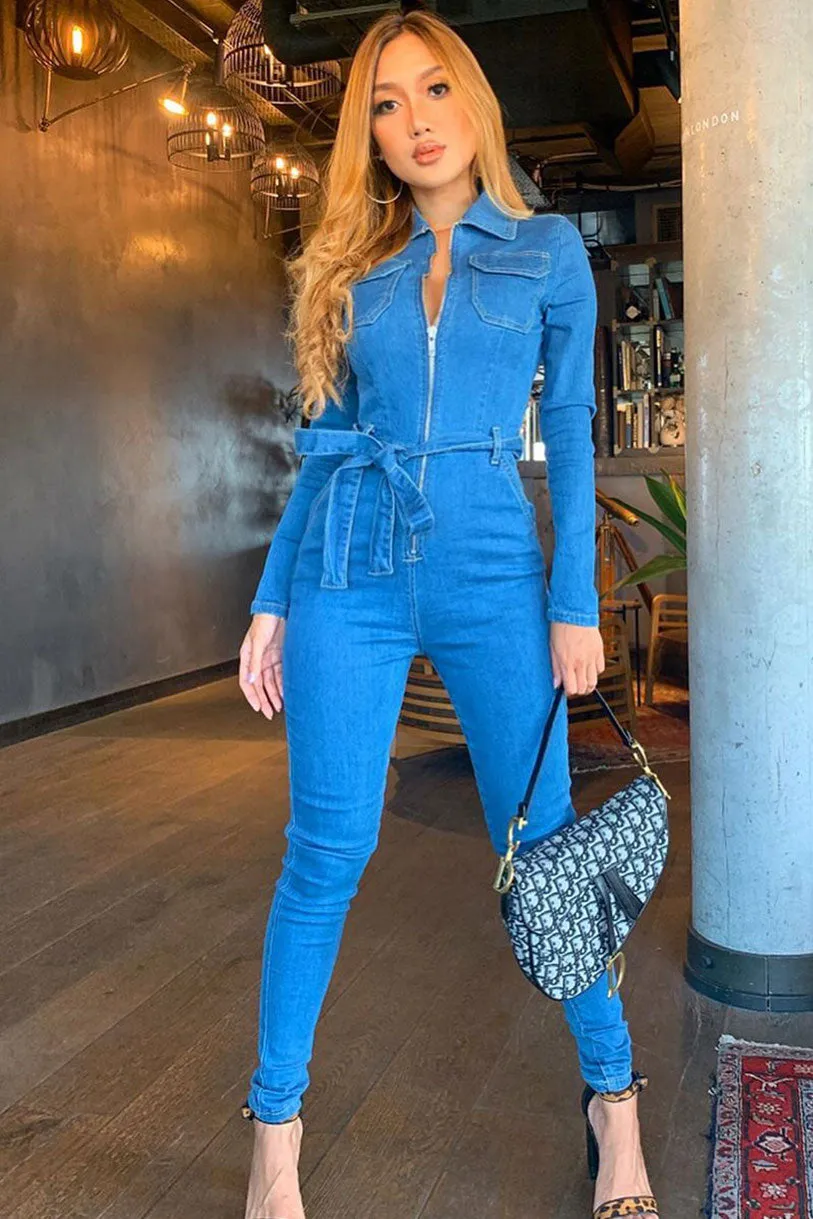 Mid Blue Denim Zip Front Tie Waist Long Sleeve Jumpsuit