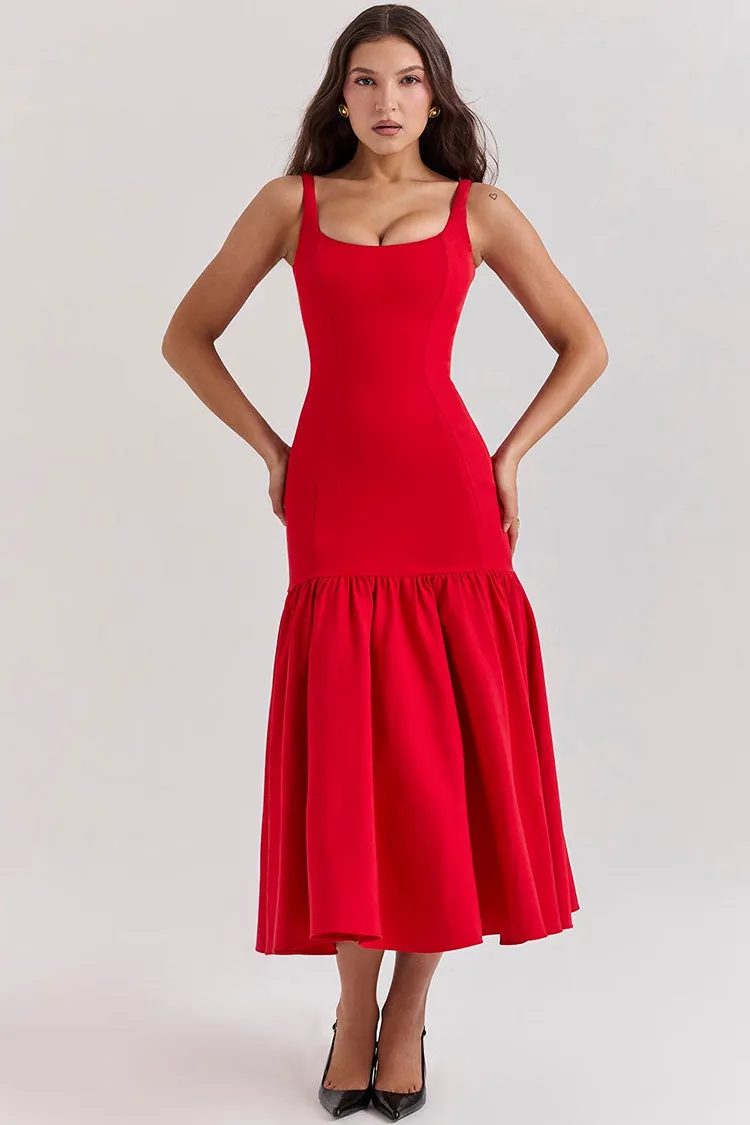 Minimal Scoop Neck Sleeveless Drop Waist Ruffle Cocktail Party Midi Dress