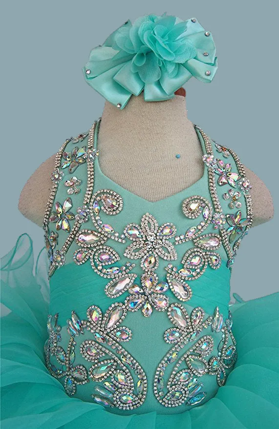 Mint Beaded Bodice Infant Glitz Cupcake Pageant Dress with Hair Bow