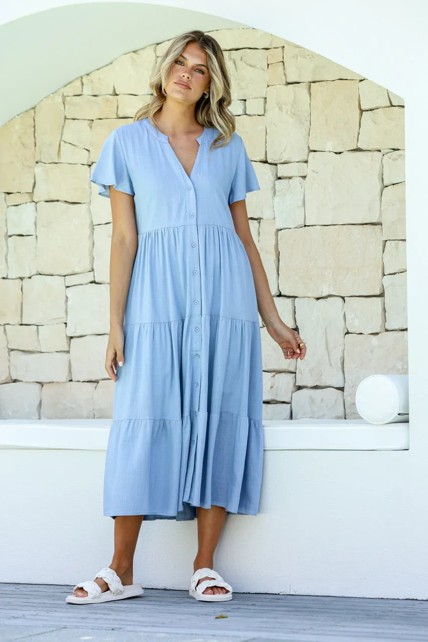 Miss Marlow - Linen Button Tier Midi Dress - Soft Blue