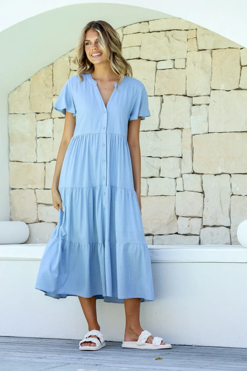 Miss Marlow - Linen Button Tier Midi Dress - Soft Blue