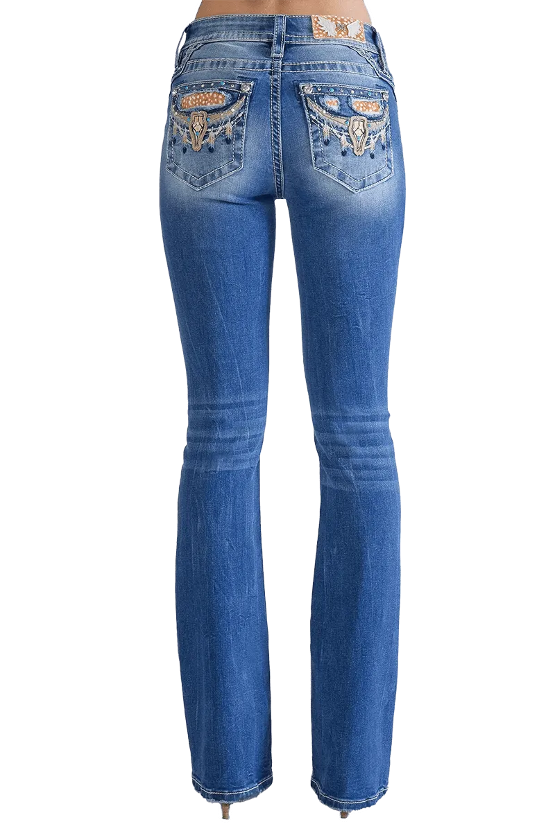 Miss Me Women's Mid-Rise Longhorn Boot Cut Straight Denim Jeans