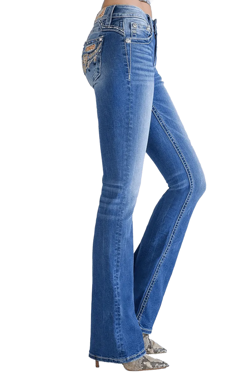 Miss Me Women's Mid-Rise Longhorn Boot Cut Straight Denim Jeans