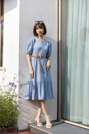 Mist Blue Denim Midi Dress With Waist Band