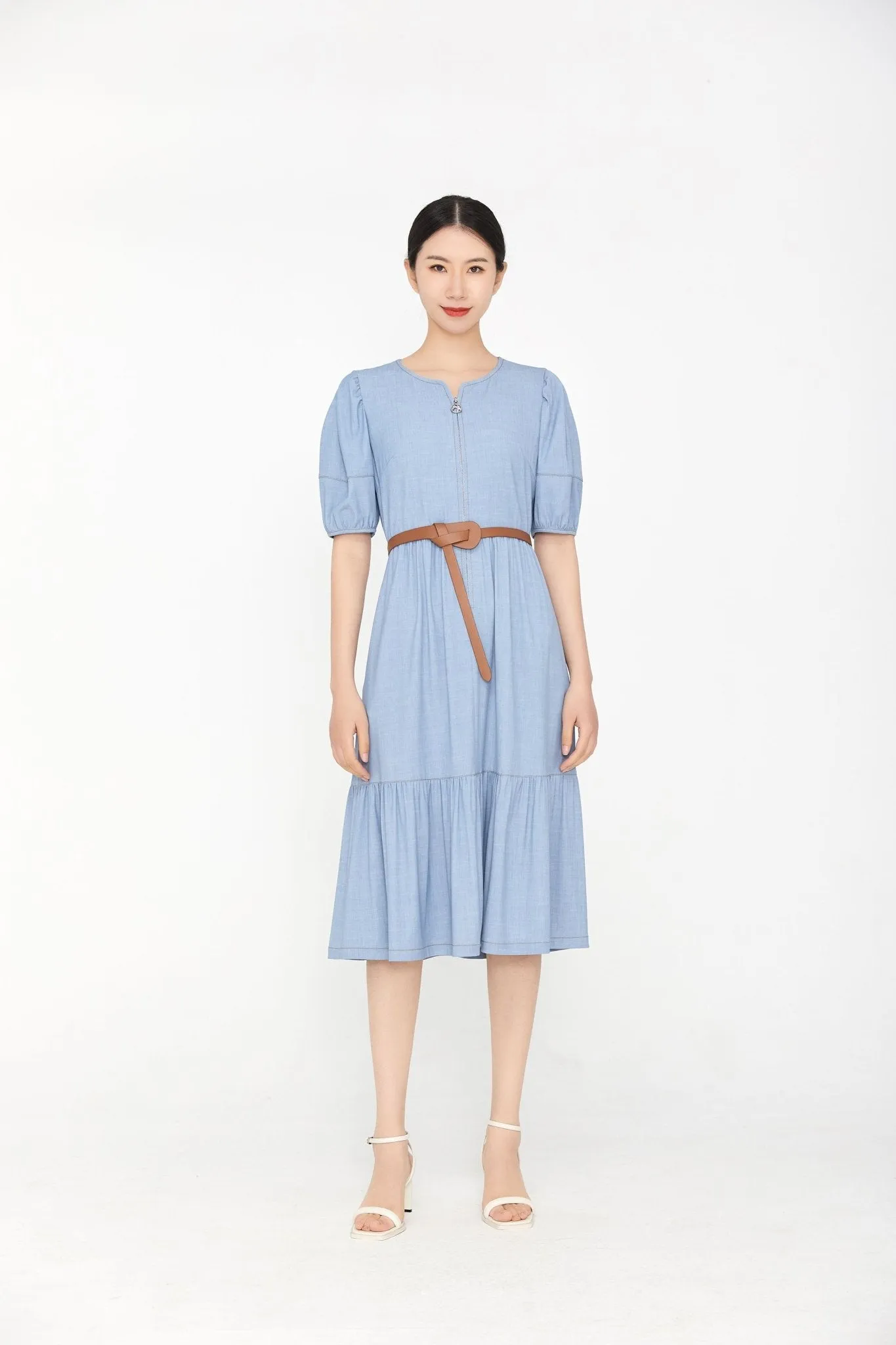 Mist Blue Denim Midi Dress With Waist Band