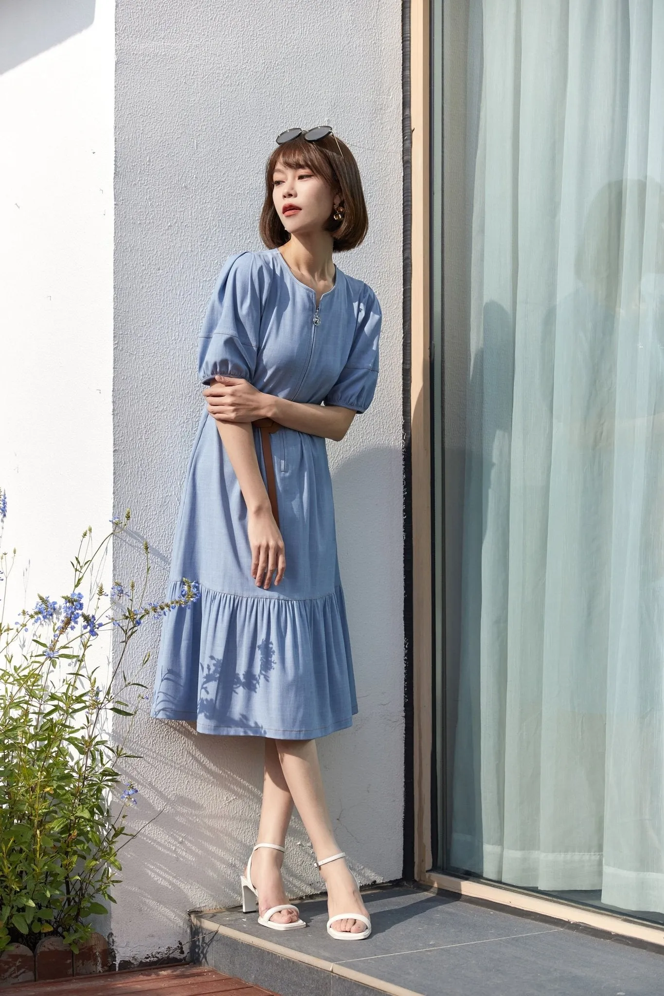 Mist Blue Denim Midi Dress With Waist Band