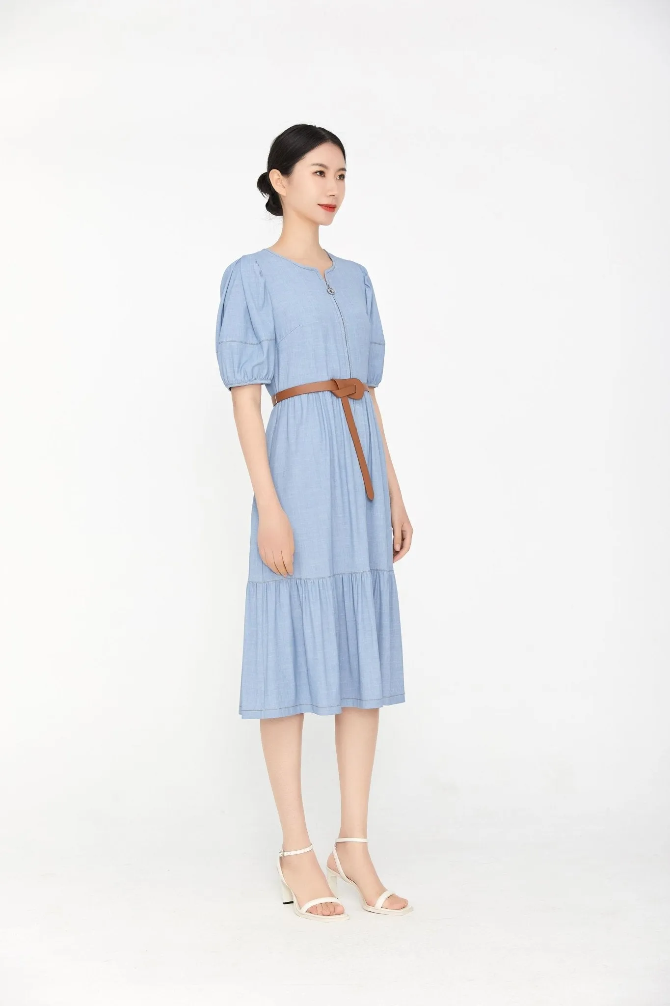 Mist Blue Denim Midi Dress With Waist Band