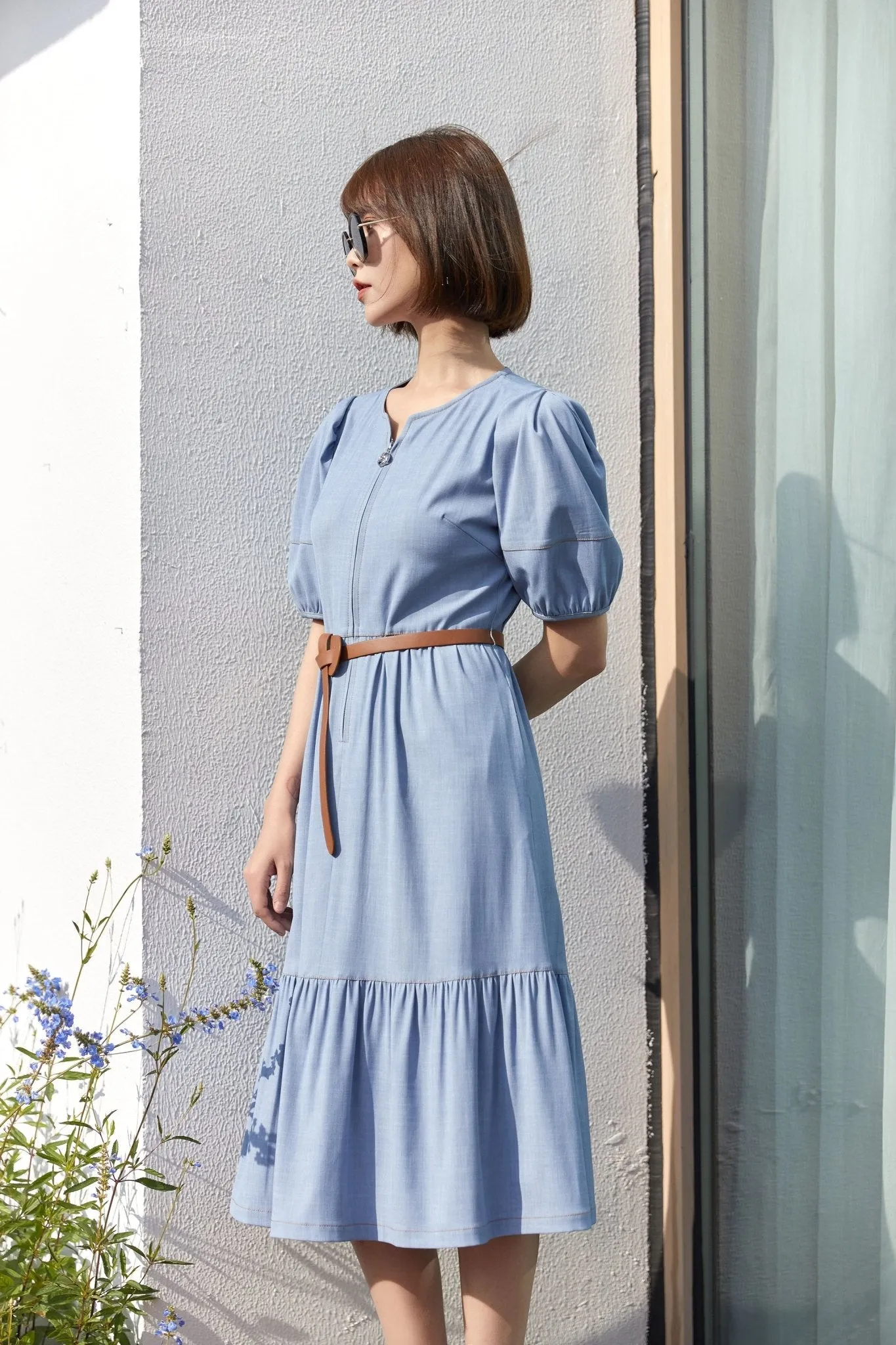 Mist Blue Denim Midi Dress With Waist Band