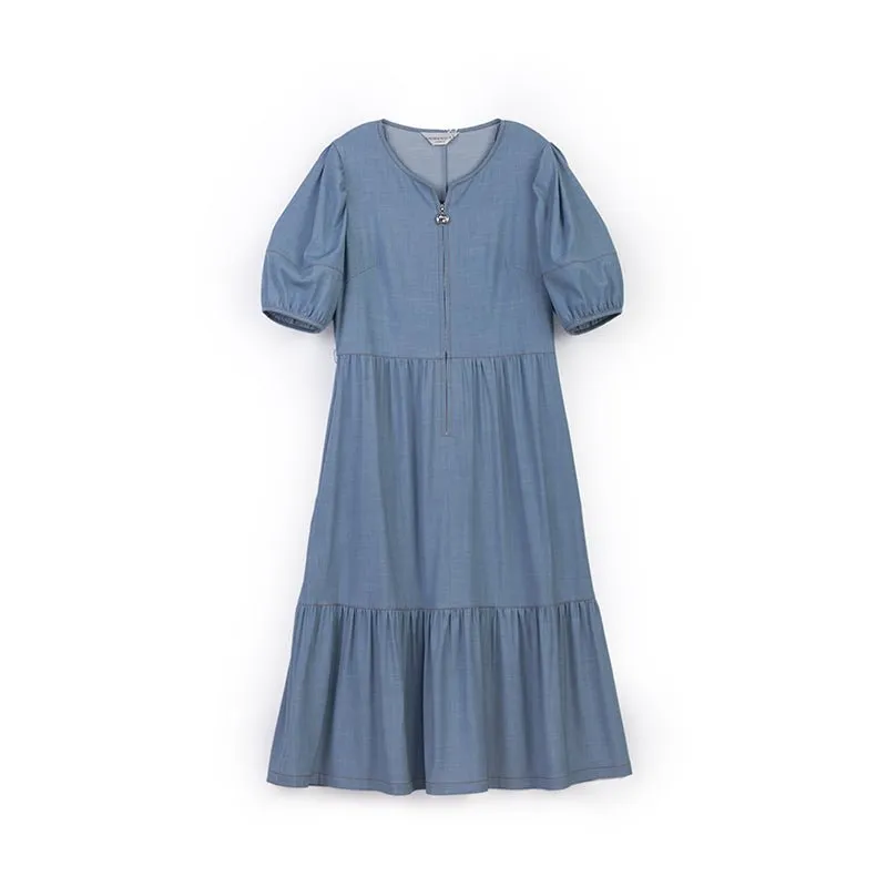 Mist Blue Denim Midi Dress With Waist Band