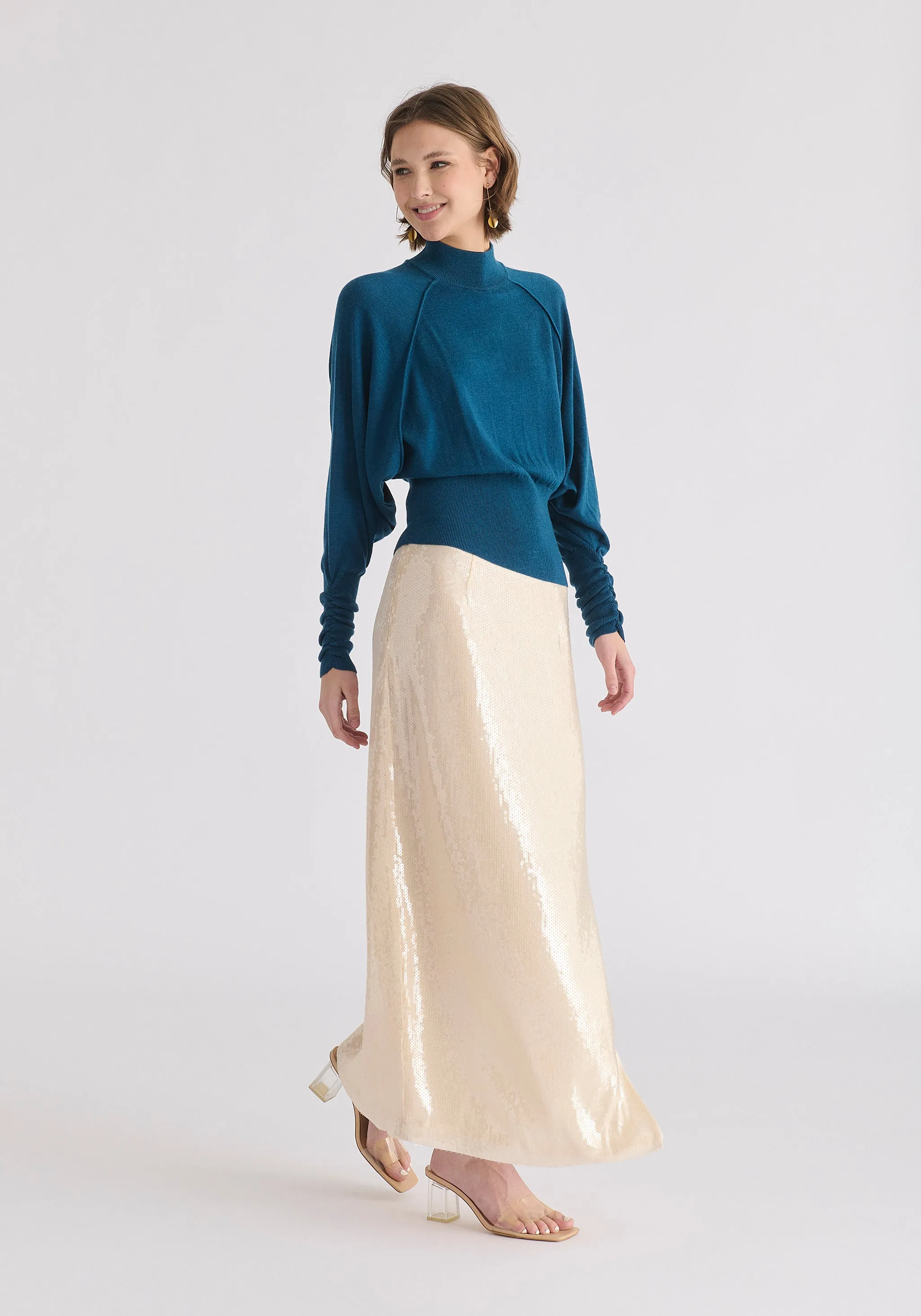 Mock Neck Batwing Jumper with Ruched Cuffs