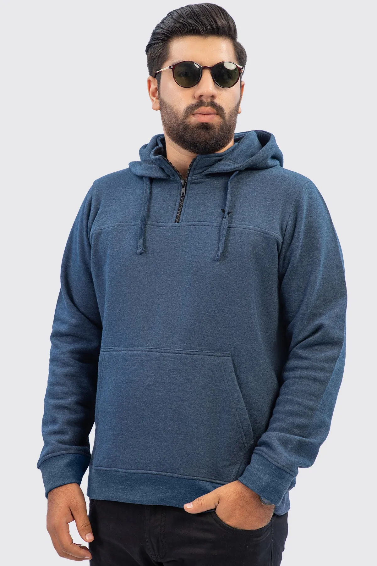 Navy Blue Melange Turtle Neck Hoodie (Plus Size) - W23 - MH0064P