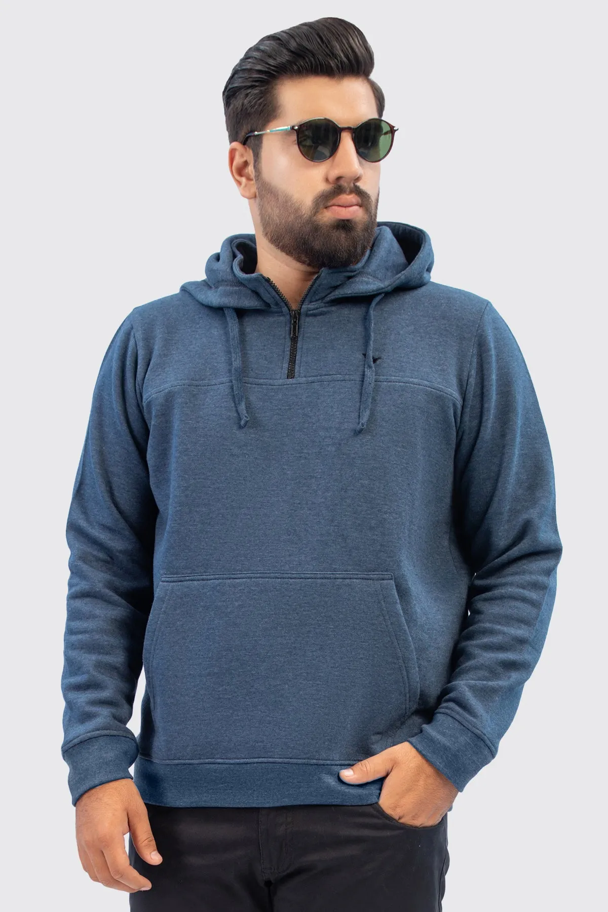 Navy Blue Melange Turtle Neck Hoodie (Plus Size) - W23 - MH0064P